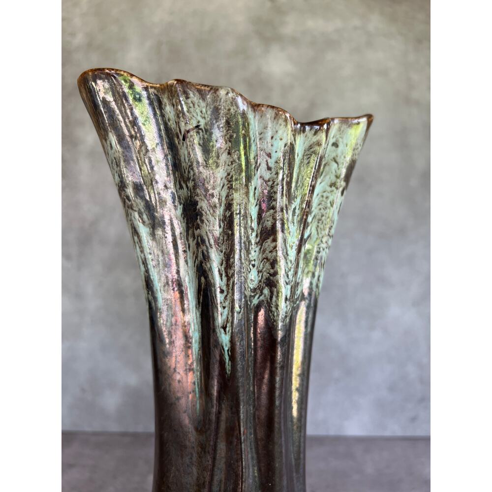 Mid century modern Metallic drip glaze ceramic large footed vase vintage unique - Picture 5 of 12